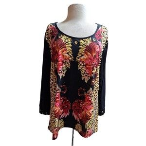 CALESSA Tunic Top Women Plus 2X Mixed Floral Animal Print Ring Suds